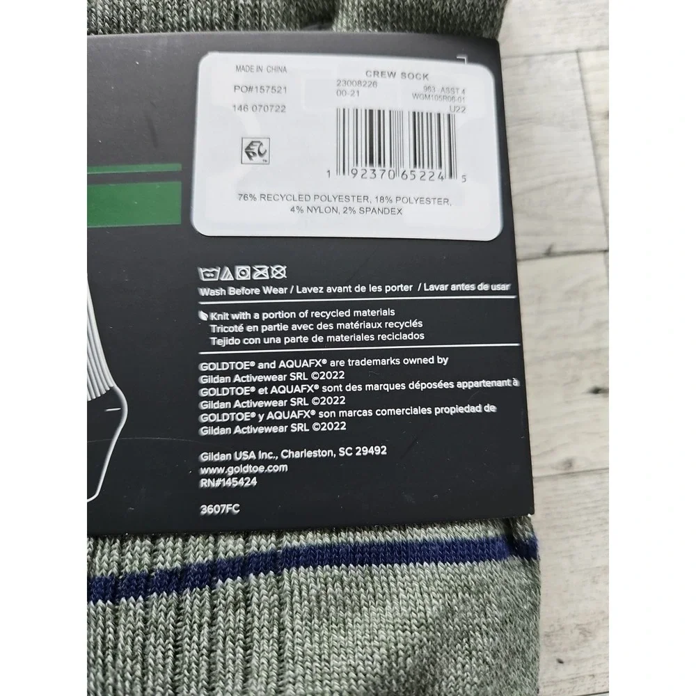 GOLDTOE‎ Men's Crew Socks Aquafx 12 Pair Shoe Size 6-12.5 Casual Ribbed Striped